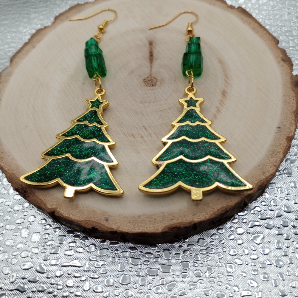 Gold and Green Christmas Tree Earrings